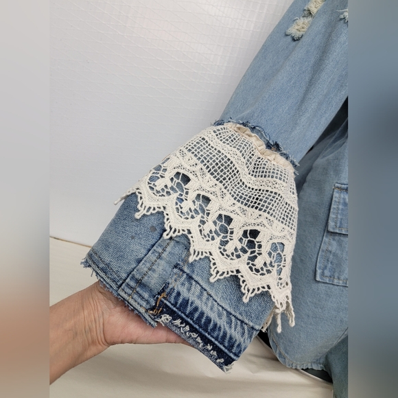 Rock Tour Jean Jacket with Lace Gypsy Bell Sleeves Upcycled Retro Rock Merc - Picture 8 of 14